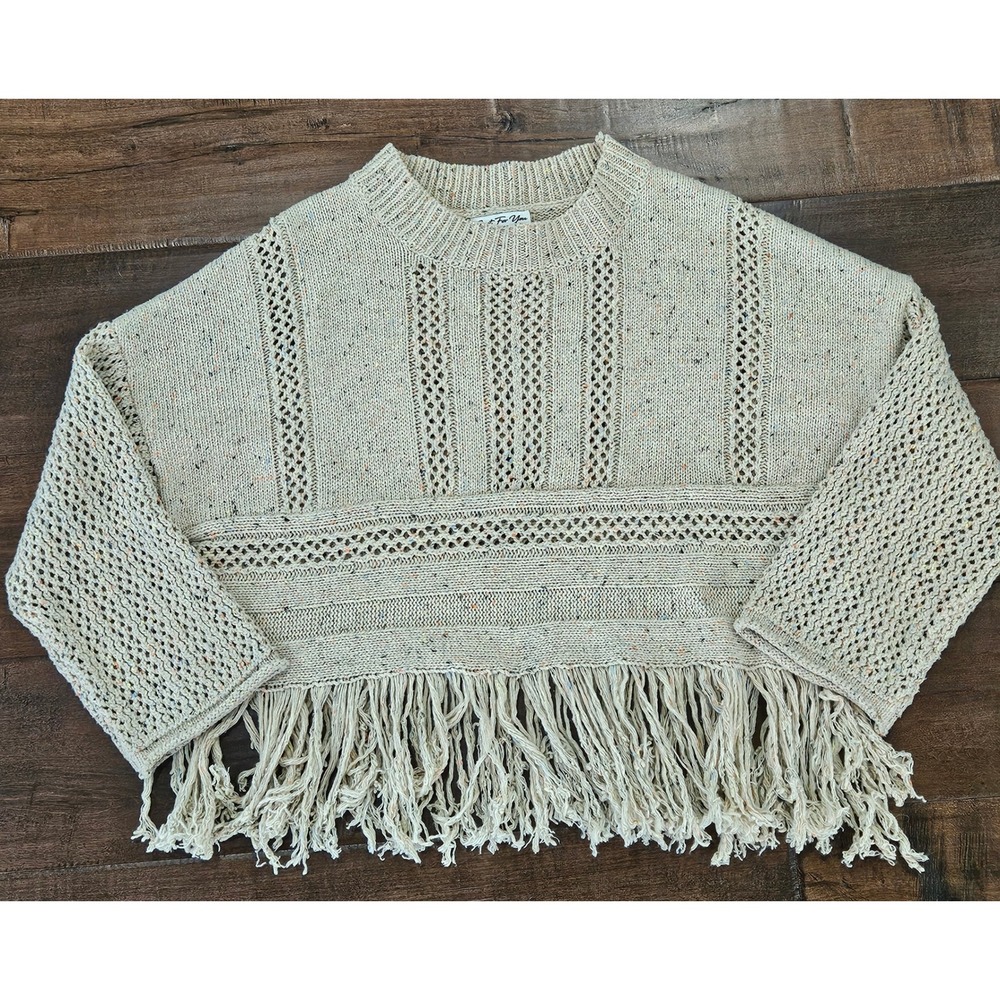BOHO Cabincore Oversized Confetti Knit Fringe Sweater Tan Pullover M